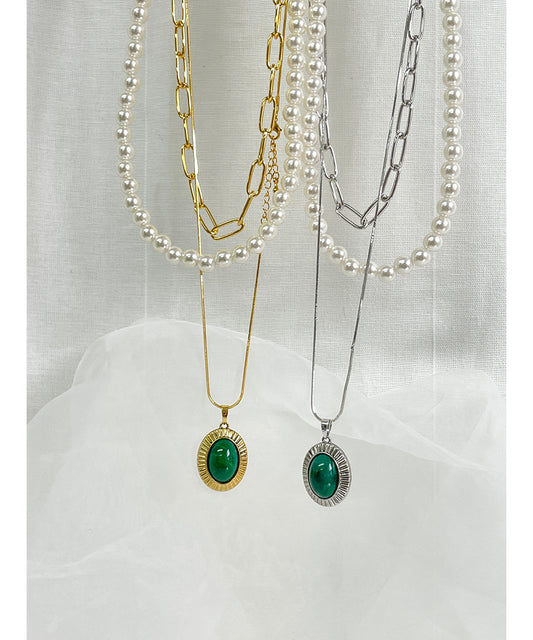 Elegant Multi-Strand Pearl and Chain Necklace with Green Pendant - Available in Gold and Silver