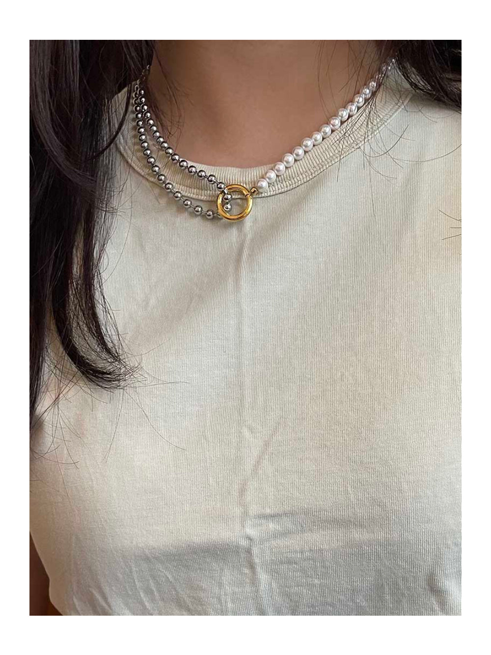 Pearl and Stainless Steel Dual-Chain Necklace with Mixed Metals