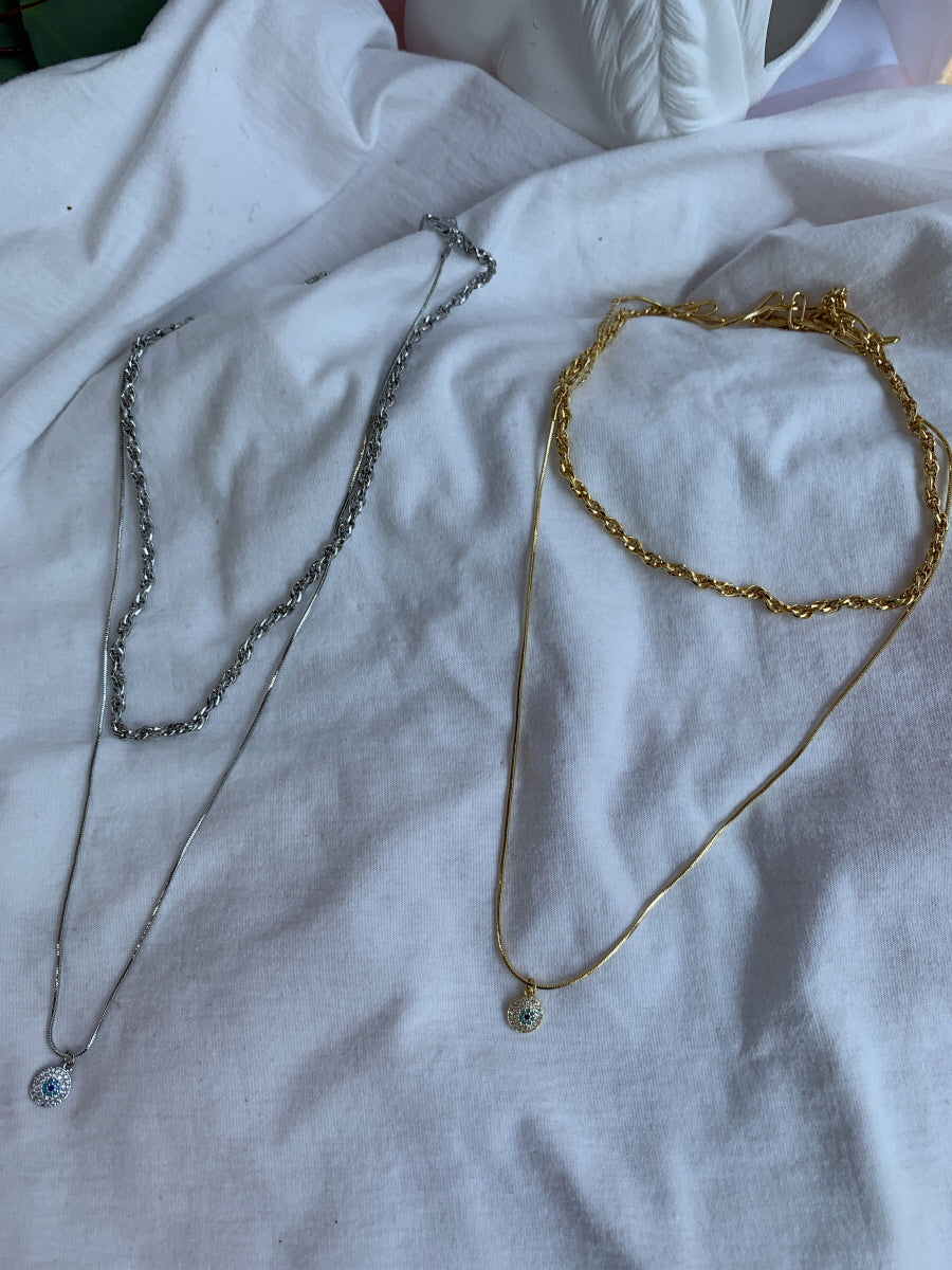 Layered Chain Necklace Set with Sparkling Pendant - Gold and Silver