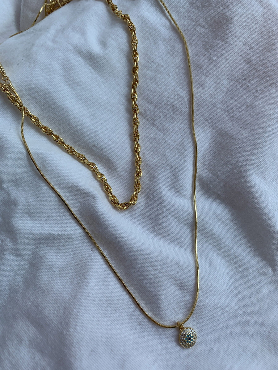 Layered Chain Necklace Set with Sparkling Pendant - Gold and Silver