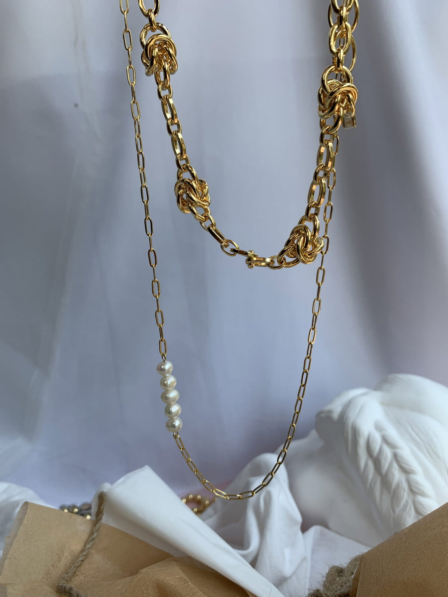 Dual-Chain Knot Necklace with Pearl Accents