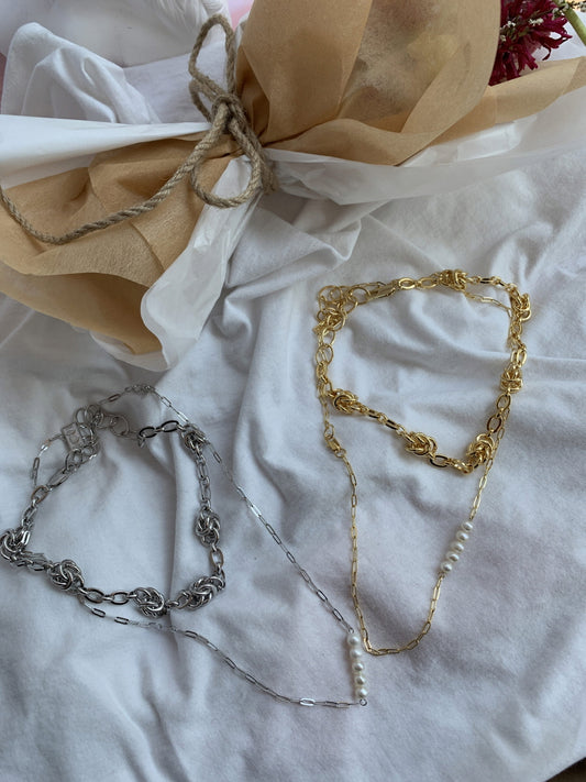 Dual-Chain Knot Necklace with Pearl Accents