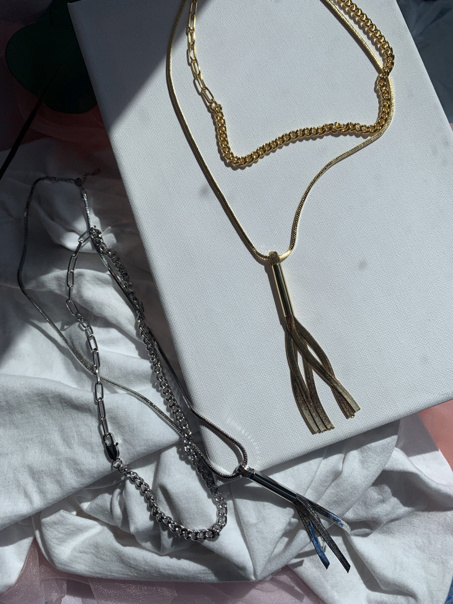 Layered Gold and Silver Tassel Necklace Set