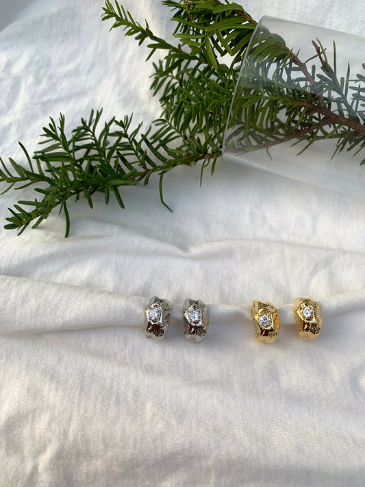 Gold & Silver Plated Textured Hoop Earrings with Crystal Accents