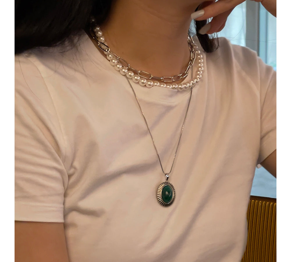 Elegant Multi-Strand Pearl and Chain Necklace with Green Pendant - Available in Gold and Silver