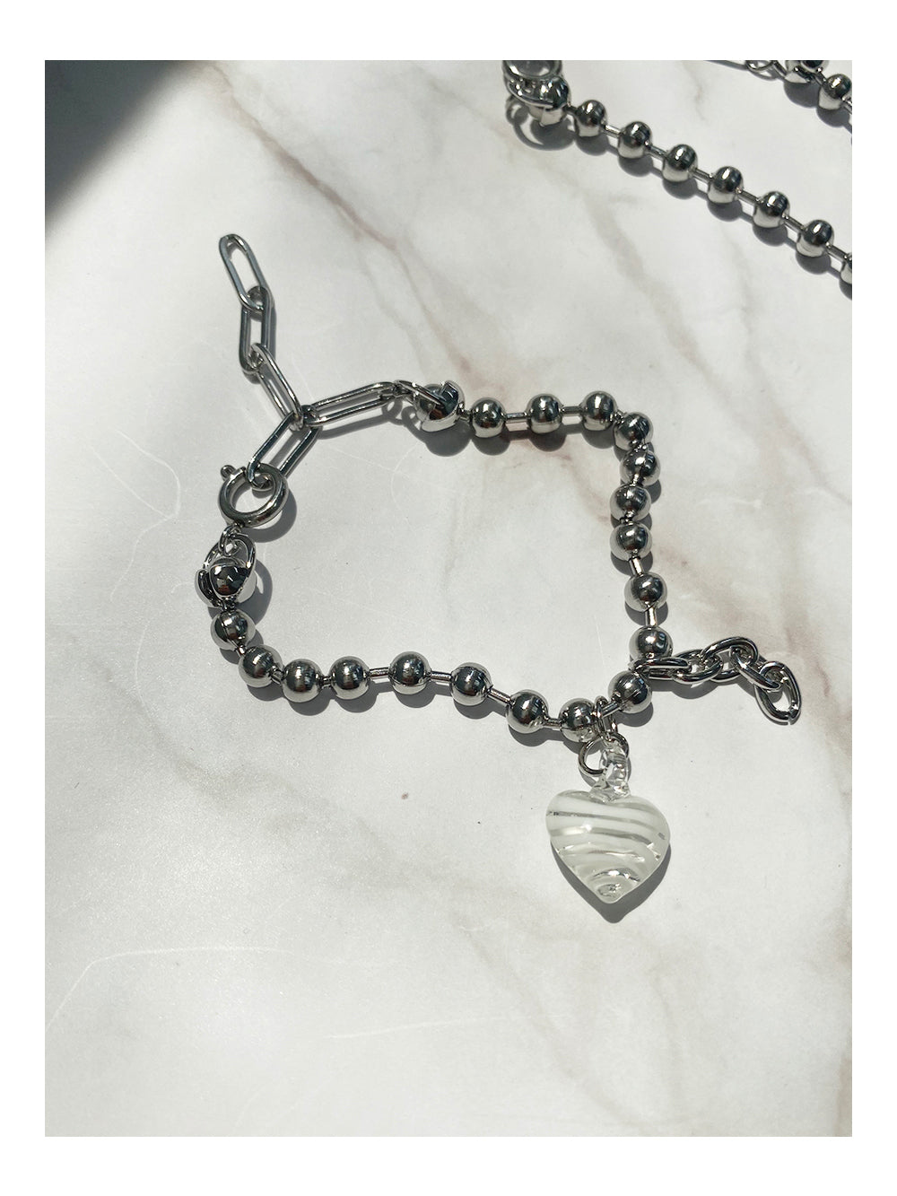 Stainless Steel and Glass Heart Charm Ball Chain Bracelet