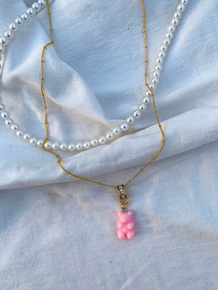 Colorful Bear Pendant Pearl and Gold Necklace Set