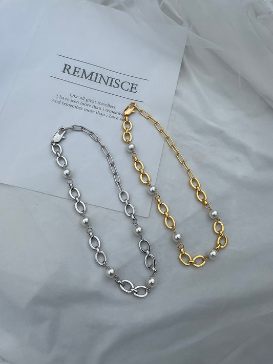 Gold and Silver Plated Pearl Link Chain Necklace with Toggle Clasp