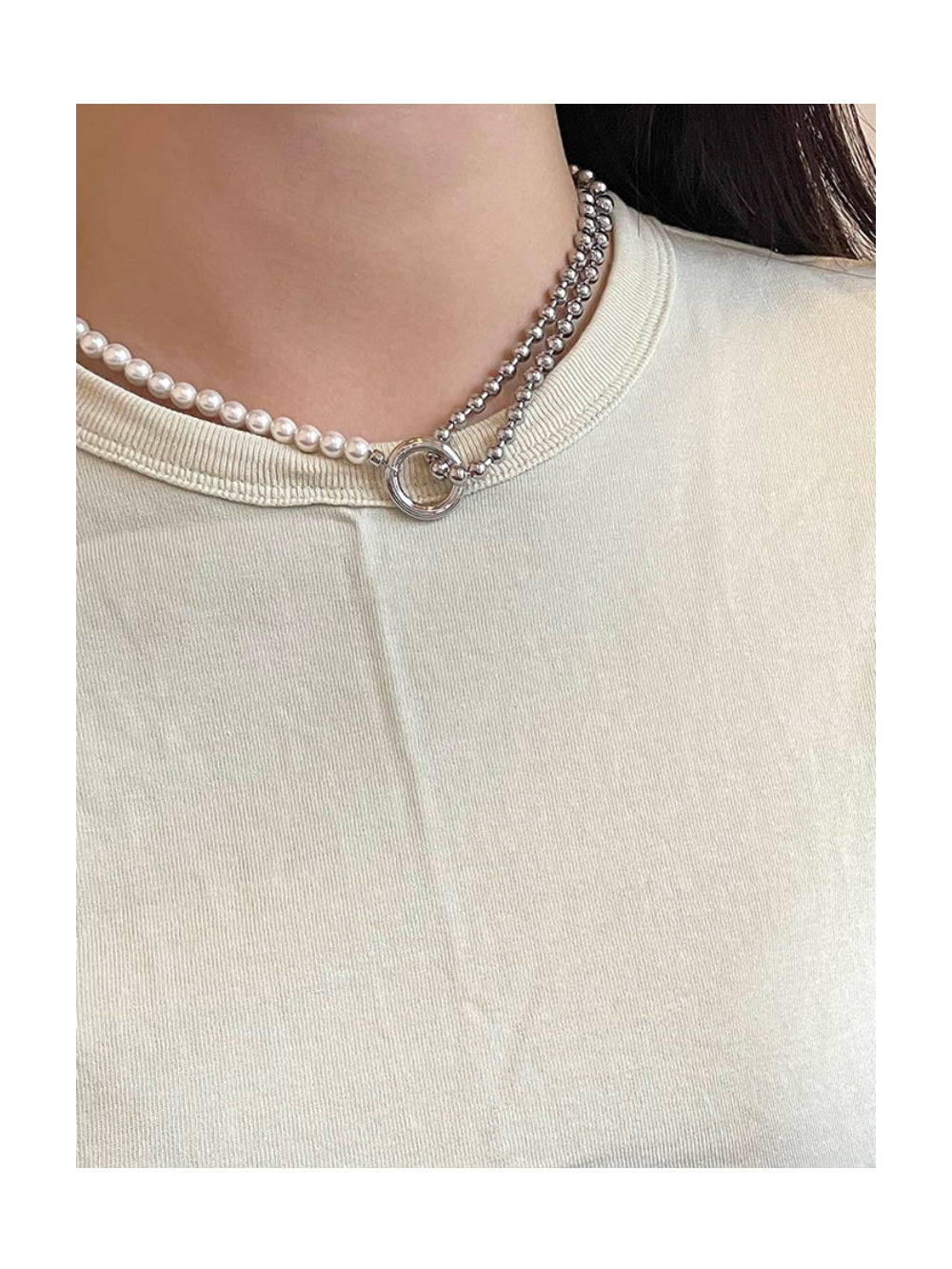 Pearl and Stainless Steel Dual-Chain Necklace with Mixed Metals