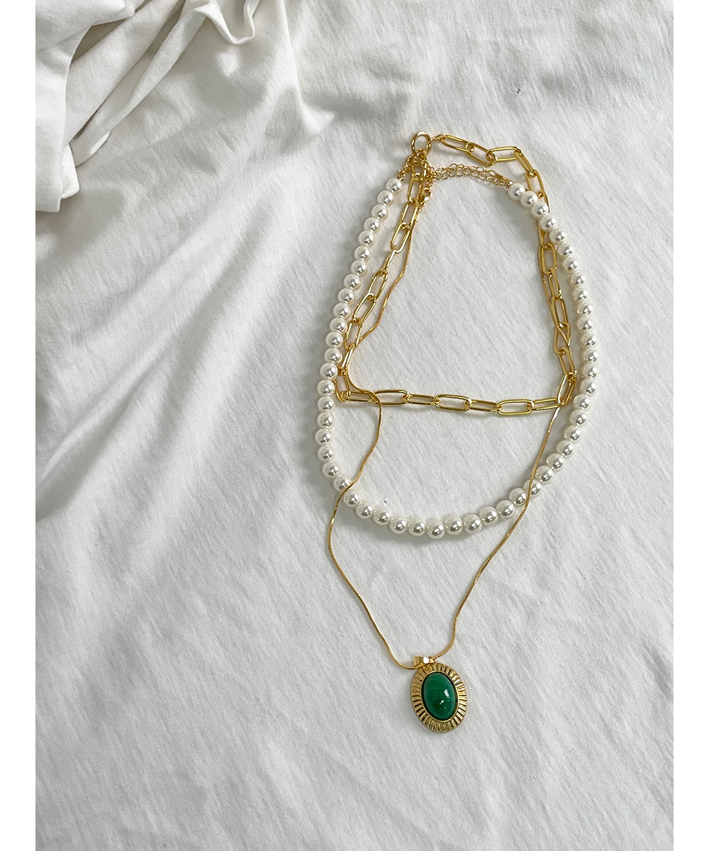 Elegant Multi-Strand Pearl and Chain Necklace with Green Pendant - Available in Gold and Silver