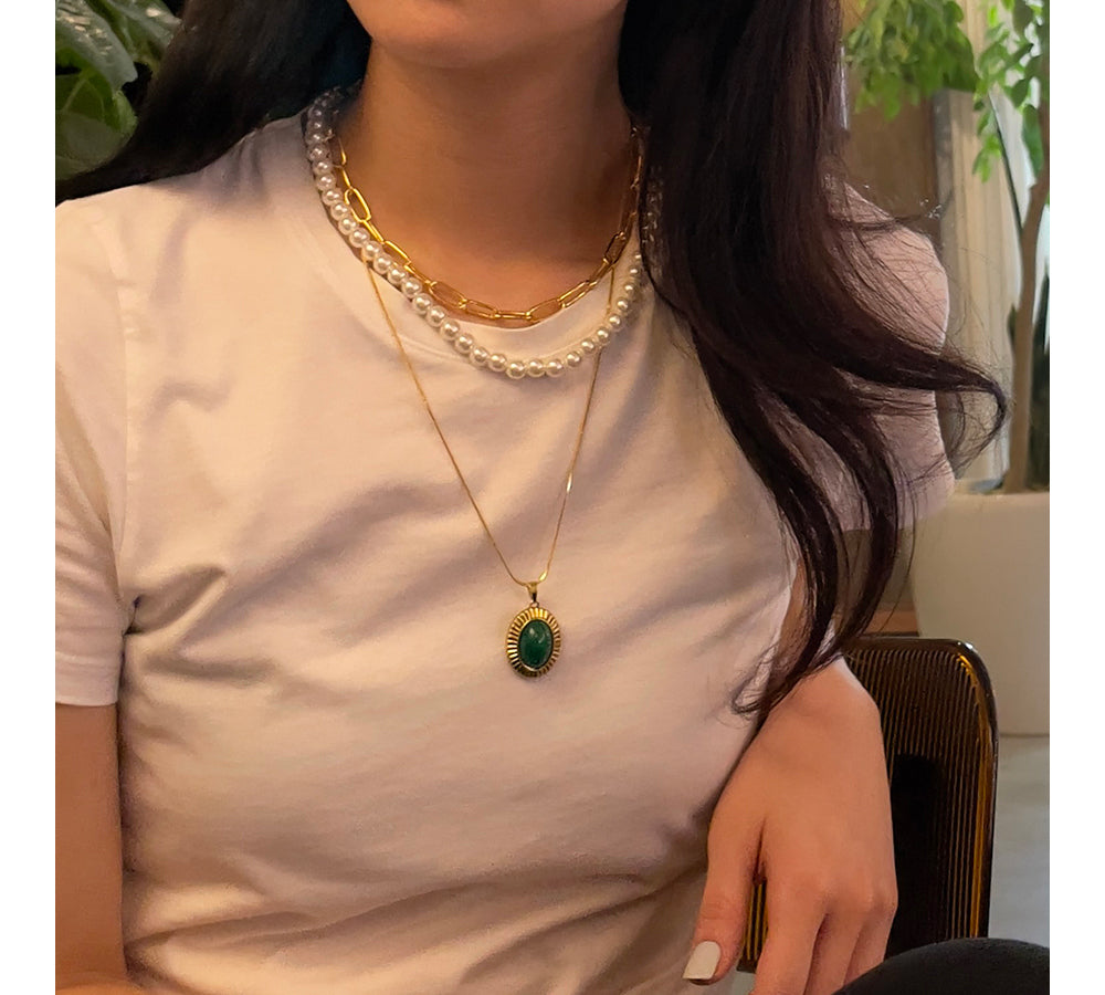 Elegant Multi-Strand Pearl and Chain Necklace with Green Pendant - Available in Gold and Silver