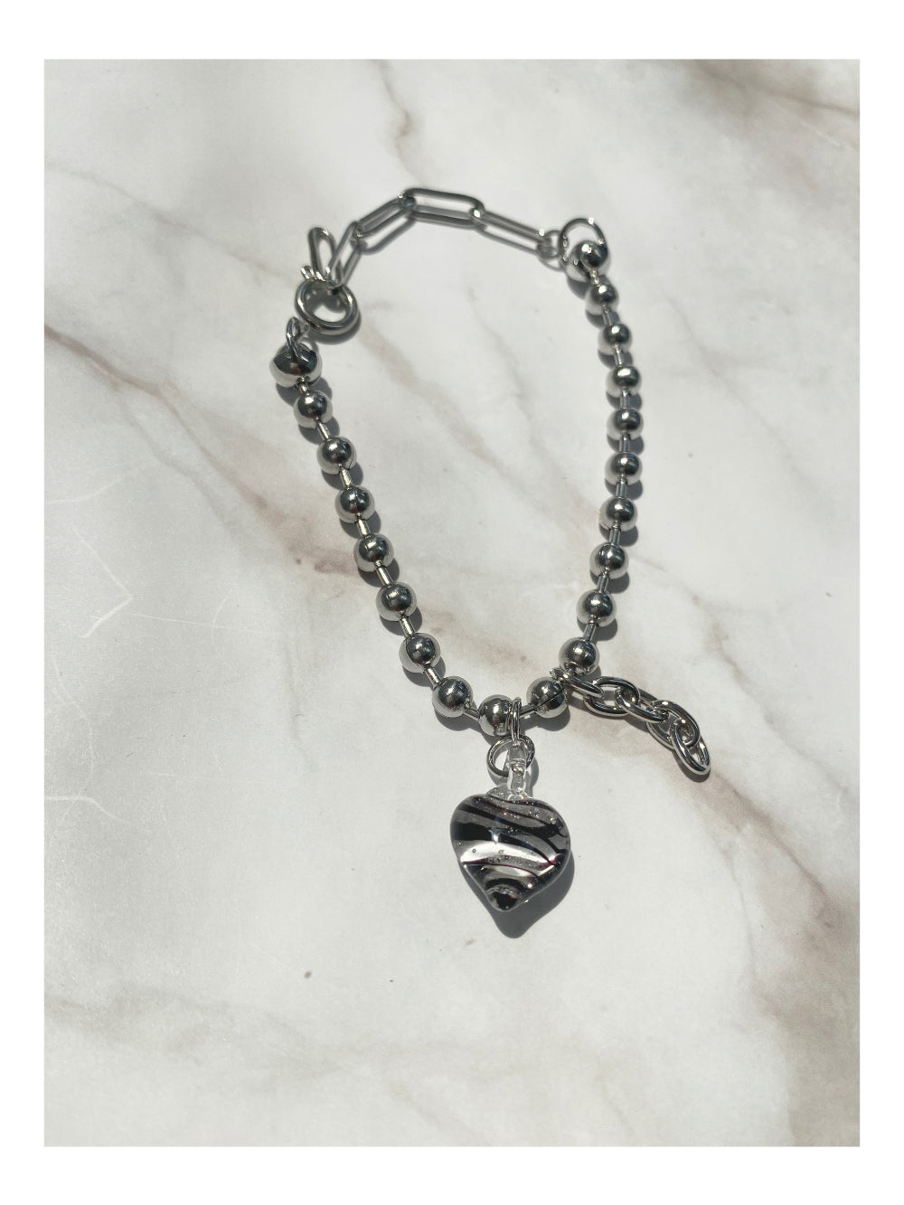 Stainless Steel and Glass Heart Charm Ball Chain Bracelet