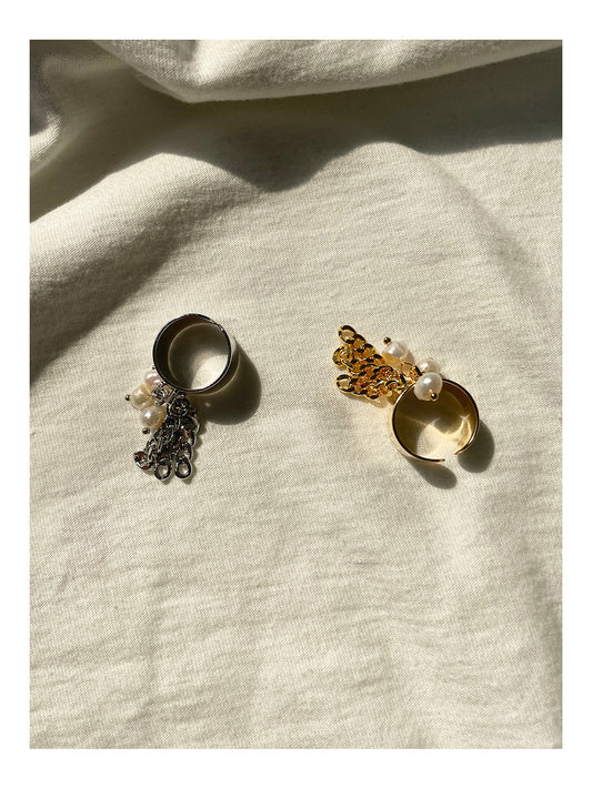 Gold and Silver Plated Pearl Charm Statement Rings