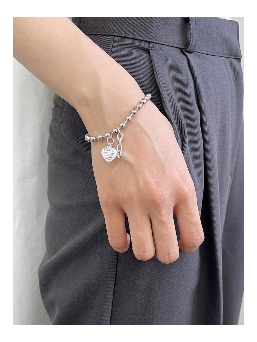 Stainless Steel and Glass Heart Charm Ball Chain Bracelet