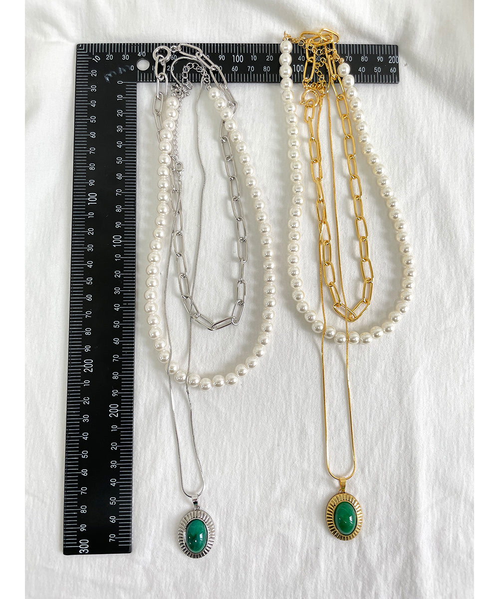 Elegant Multi-Strand Pearl and Chain Necklace with Green Pendant - Available in Gold and Silver