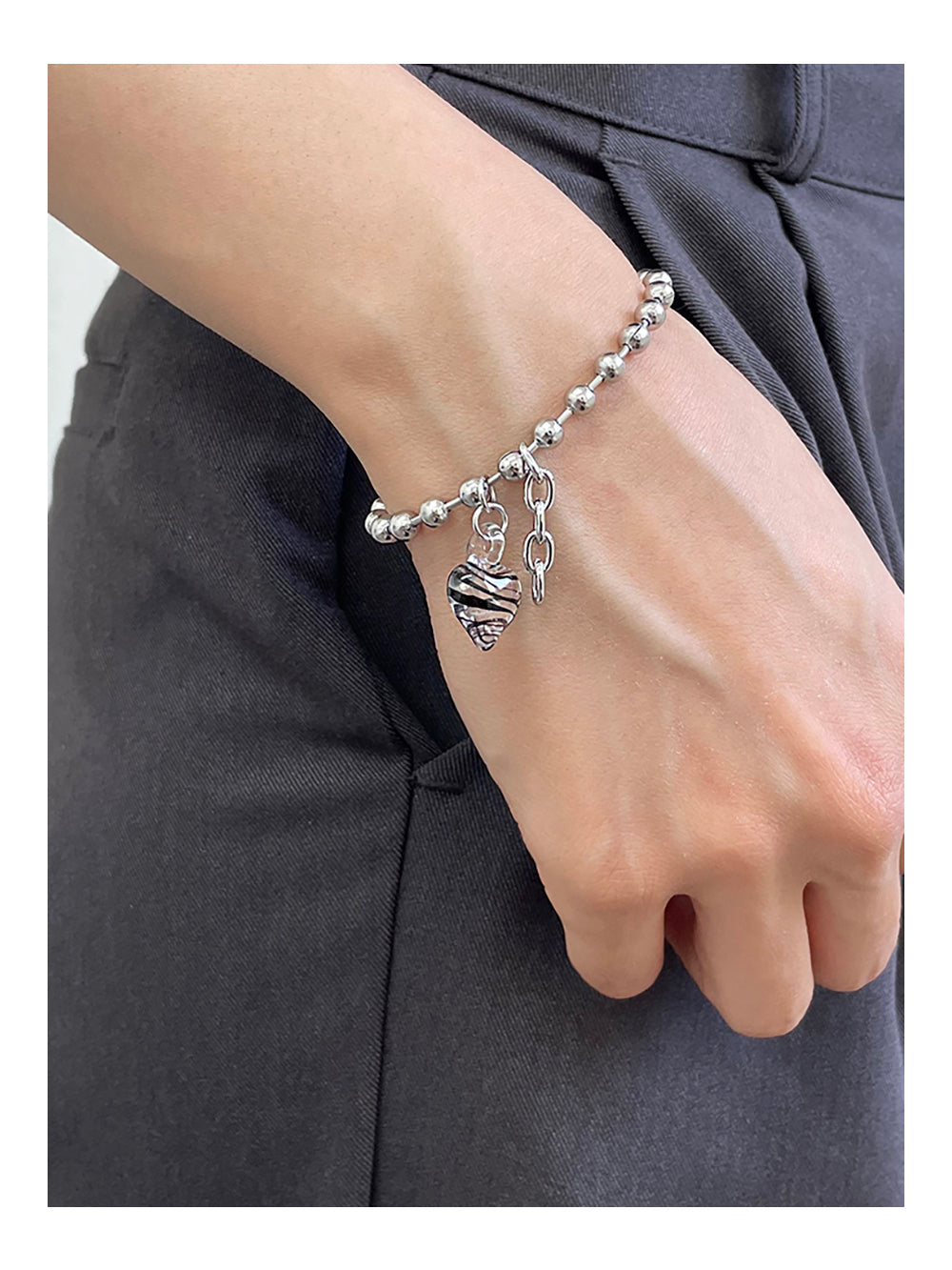 Stainless Steel and Glass Heart Charm Ball Chain Bracelet